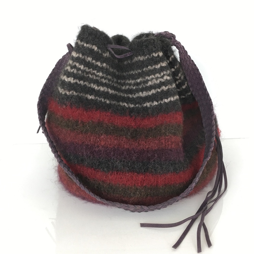 Felted Wool Handmade Bucket Bag-Drawstring Tassels Purple Gray Red Boho Hippie